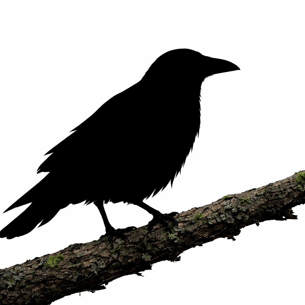 Black crow perched on moss-covered tree branch